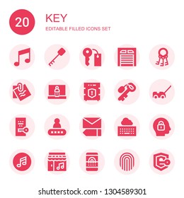 key icon set. Collection of 20 filled key icons included Music note, Key, Keys, Garage, Note, Login, Data protection, Car, Password, Edit, Keyboard, Lock, Music, Fingerprint scan