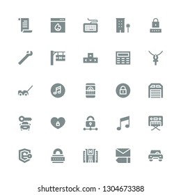 key icon set. Collection of 25 filled key icons included Car, Edit, Hotel, Lock, Security, Piano, Music note, Padlock, Garage, Fingerprint scan, Music, Ankh, Keypad, Keyboard