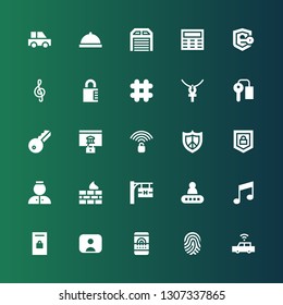 key icon set. Collection of 25 filled key icons included Car, Fingerprint, Fingerprint scan, Youtuber, Locker, Music note, Password, Hotel signal, Firewall, Bellhop, Security