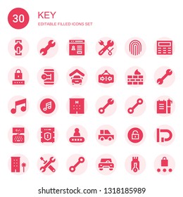 key icon set. Collection of 30 filled key icons included Pedal, Wrench, Login, Fingerprint, Password, Unlocked, Garage, Close, Firewall, Note, Music, Hotel, Keyboard, Data protection