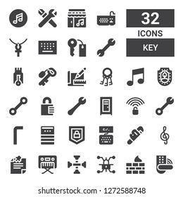 key icon set. Collection of 32 filled key icons included Padlock, Firewall, Lock, Cross wrench, Piano, Note, Wrench, Keyboard, Security, Allen keys, Unlocked, Locker, Protection