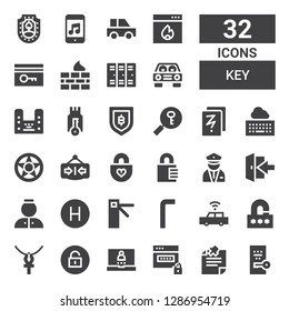 key icon set. Collection of 32 filled key icons included Key, Note, Password, Login, Unlock, Ankh, Lock, Car, Allen keys, Access, Hotel, Bellhop, Security, Padlock, Close, Data protection