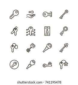 Key icon set. Collection of high quality outline car key pictograms in modern flat style. Black keyhole symbol for web design and mobile app on white background. Login line logo.
