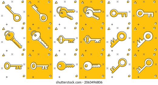 Key icon set in comic style. Password collection cartoon vector illustration on white isolated background. Access splash effect business concept.