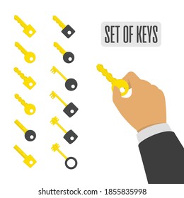 Schlüsselsymbol eingestellt. Gold- oder Keys-Zeichen einzeln auf weißem Hintergrund. Set von verschiedenen Typen Hausschlüssel. Symbol der Sicherheit oder der Privatsphäre. Ein Schlüssel ist in der Hand. Vektorgrafik im Flachstil.