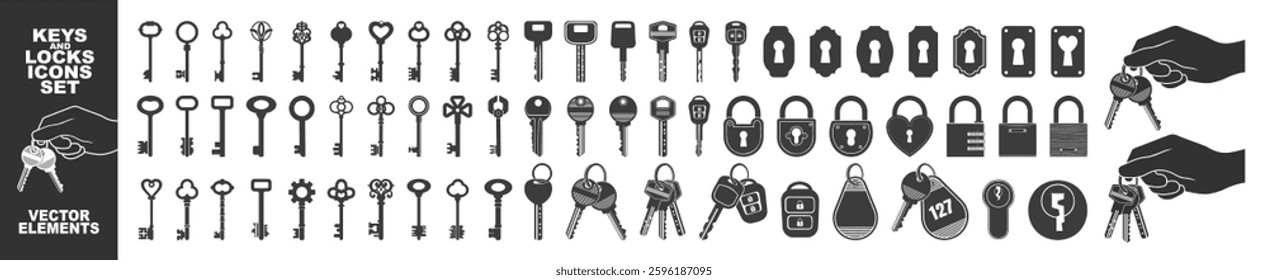 Key icon set isolated on transparent. Keys and locks. Antique key silhouettes, keyhole and car key and hand holds a bunch of keys set. 