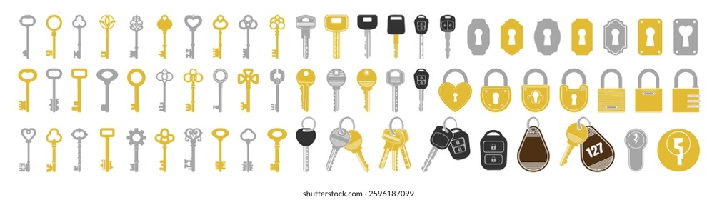 Key icon set isolated on transparent. Keys and locks. Antique key silhouettes, keyhole and car key set. 