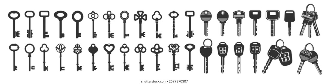 Key icon set isolated on transparent. Keys and locks. Antique key silhouettes set. 
