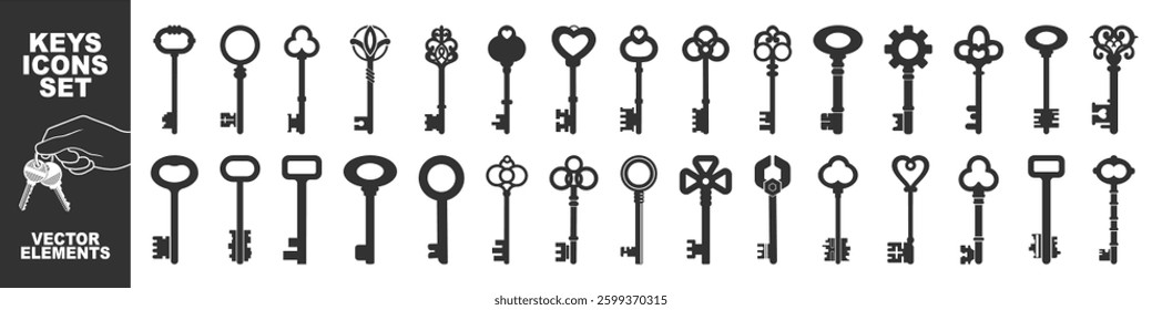 Key icon set isolated on transparent. Antique key silhouettes. Medieval and modern keys, vintage shapes set. House key icon security symbol. 