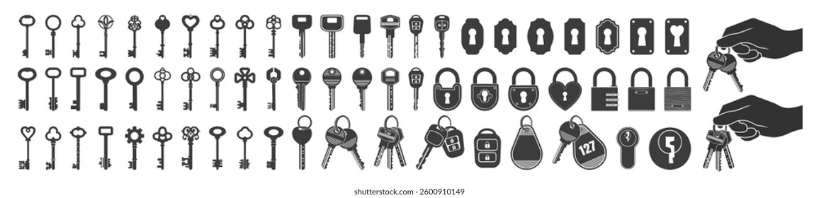 Key icon set isolated on transparent. Keys and locks. Antique key silhouettes, keyhole and car key and hand holds a bunch of keys set. 