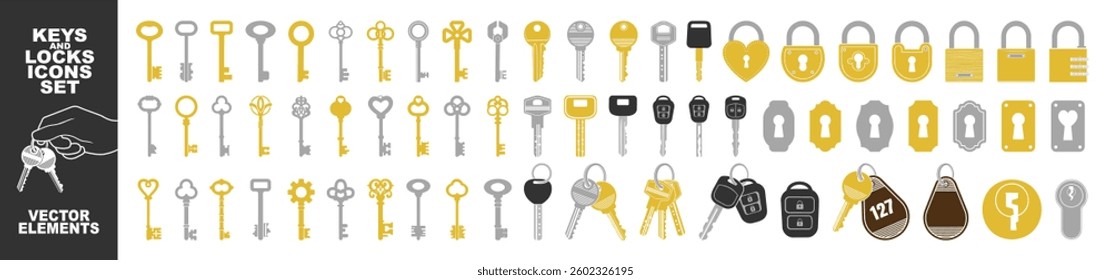 Key icon set isolated on transparent. Keys and locks. Antique key silhouettes, keyhole and car key set. 