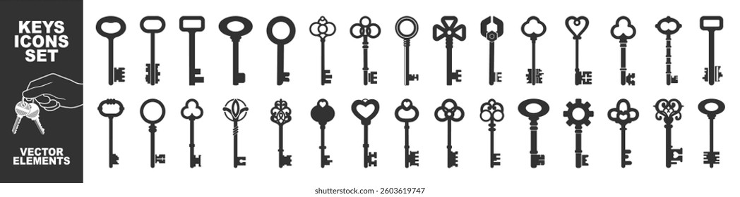 Key icon set isolated on transparent. Antique key silhouettes. Medieval and modern keys, vintage shapes set. House key icon security symbol. 