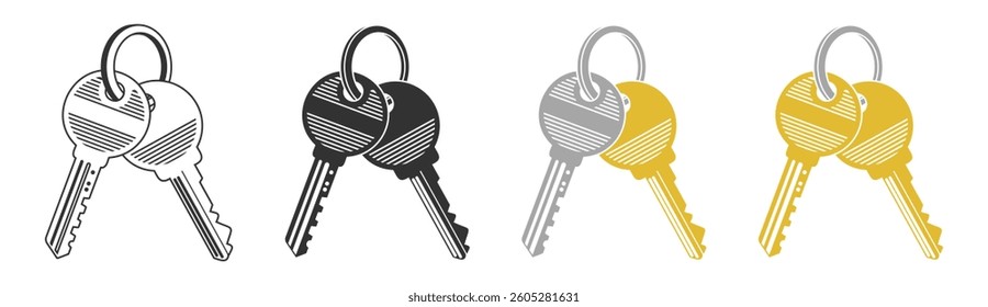 Key icon set isolated on transparent. Set of black silhouettes of door keys. Keys and padlock. 