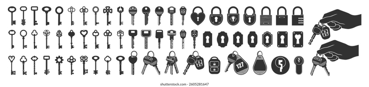 Key icon set isolated on transparent. Keys and locks. Antique key silhouettes, keyhole and car key and hand holds a bunch of keys set. 