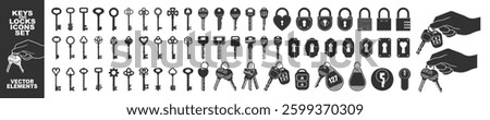 Key icon set isolated on transparent. Keys and locks. Antique key silhouettes, keyhole and car key and hand holds a bunch of keys set. 