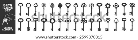 Key icon set isolated on transparent. Antique key silhouettes. Medieval and modern keys, vintage shapes set. House key icon security symbol. 