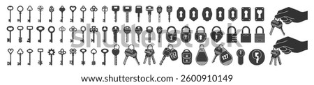 Key icon set isolated on transparent. Keys and locks. Antique key silhouettes, keyhole and car key and hand holds a bunch of keys set. 
