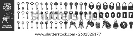 Key icon set isolated on transparent. Keys and locks. Antique key silhouettes, keyhole and car key set. 