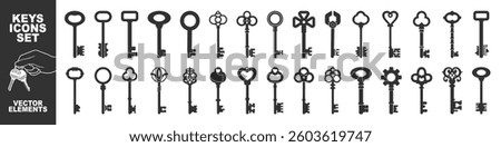 Key icon set isolated on transparent. Antique key silhouettes. Medieval and modern keys, vintage shapes set. House key icon security symbol. 