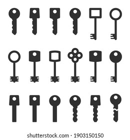 Key Icon Set. Keys Silhouette, Black Keys Signs Isolated On White Background. Set Of Different Types House Keys. Symbol Of Security Or Privacy. Modern And Retro Skeleton Access. 