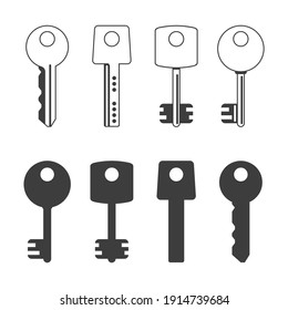 Key icon set. Keys silhouette, Black keys signs isolated on white background. Set of different types house keys. Symbol of Security or Privacy. Modern and retro skeleton access. 