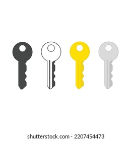 Juego de iconos de clave. Silhouette de llaves, signos de llaves doradas aislados en fondo blanco. Conjunto de diferentes tipos de claves de casa. Símbolo de seguridad o privacidad. El acceso a los esqueletos es moderno y retro. Ilustración vectorial.