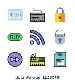 key icon set. vector set about safe deposit, rss, piano and padlock icons set.