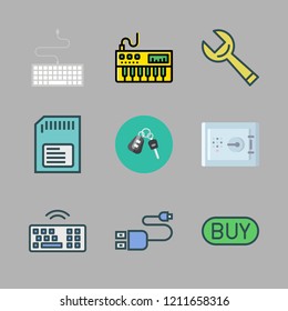 key icon set. vector set about usb, car key, keyboard and safe deposit icons set.