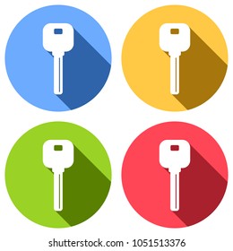 key icon. Set of white icons with long shadow on blue, orange, green and red colored circles. Sticker style