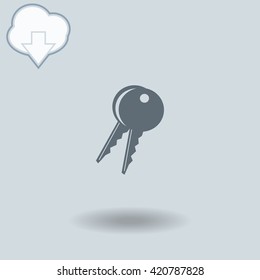 Key icon with shadow. Cloud of download with arrow.