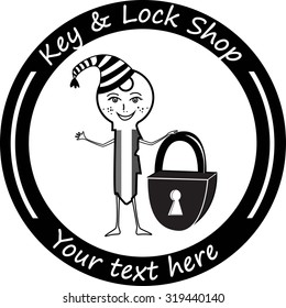 Key icon for key shops or kiosks. A cute male key invites customers to the shop. An advertisement emblem.