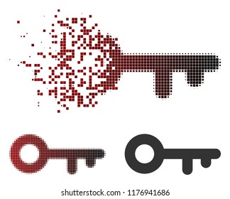Key icon in sparkle, pixelated halftone and undamaged entire versions. Pixels are grouped into vector disappearing key icon.