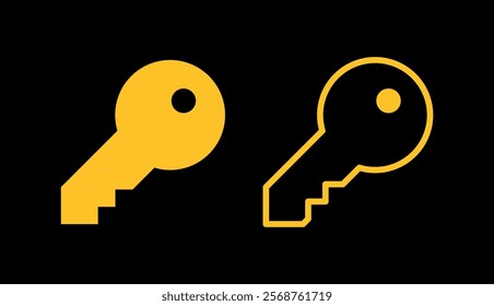 Key icon. Symbol of opening or closing. Designation of password, protection or web access. Attribute of a lock, door or treasure chest.