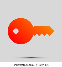 Key icon. Vector. Orange, red-yellow icon with shadow on gray background.