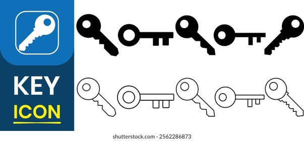 Key icon vector set. Lock or unlock sign. Password icon. Private access sign, safety, symbol. Door silhouette security Privacy.  Set of different types house keys icon. Vector illustration.