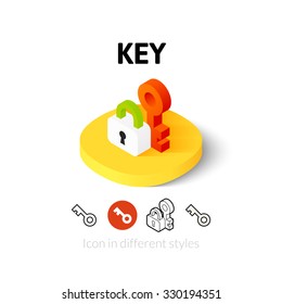 Key icon, vector symbol in flat, outline and isometric style