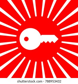 Key icon. Vector. White icon on red sun with rays as background. Isolated.