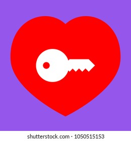 Key icon. Vector. White icon in red heart at lavender background.