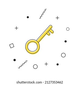 Key icon vector. Yellow key icon with geometric shapes on white background. Unlock tool symbol. Vector