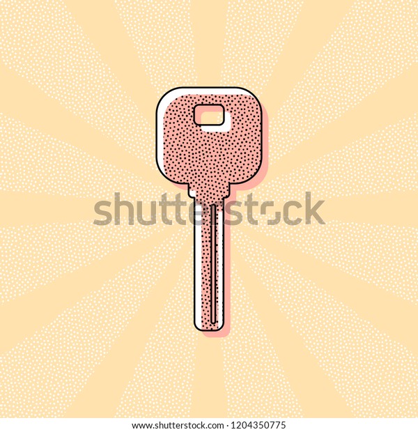key icon. Vintage\
retro typography with offset printing effect. Dots poster with\
comics pop art background