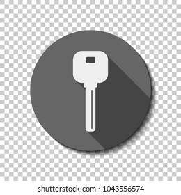 key icon. White flat icon with long shadow in circle on transparent background