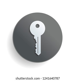 key icon. White paper symbol on gray round button with shadow