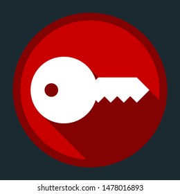 Key icon. White icon with shadow on round red button at dark cyan background. Illustration.