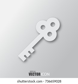 Key icon in white style with shadow isolated on grey background. For your design, logo. Vector illustration.