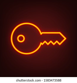 Key icon. Yellow, orange, red neon icon at dark reddish background. Illumination. Illustration.