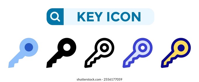 Key icons in 5 different vector illustration styles. Settings icons in flat, solid, line, blue and color styles. Vector illustrations can be used for web, mobile, ui
