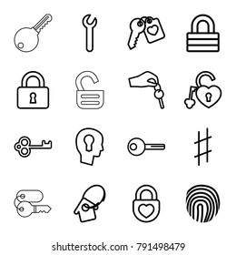 Key icons. set of 16 editable outline key icons such as lock, key, heart lock, musical sharp, fingerprint, wrench