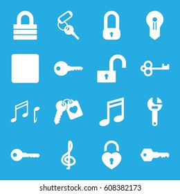 Key icons set. set of 16 key filled icons such as key, lock, wrench, heart lock, stop, note, music note