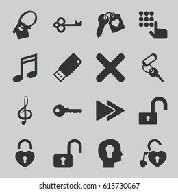 Key icons set. set of 16 key filled icons such as key, heart lock, treble clef, fast forward, cancel, usb drive, music note, open lock, hand on atm