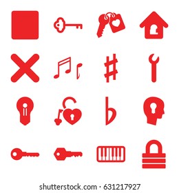 Key icons set. set of 16 key filled icons such as key, lock, heart lock, heart key, stop, piano, musical sharp, bemol, cancel, note, lock home